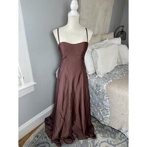 Azazie Atelier Zoya Mocha Coco Satin Dress Lace Up Back Maxi Womens 4
